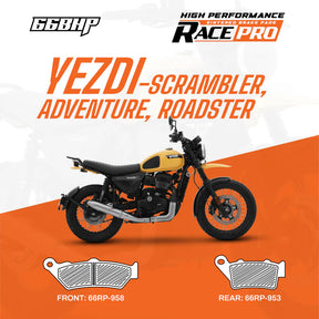 66BHP Race Pro Sintered Brake Pads for Yezdi Scrambler Adventure Roadster Front 66RP-958 Rear 66RP-953