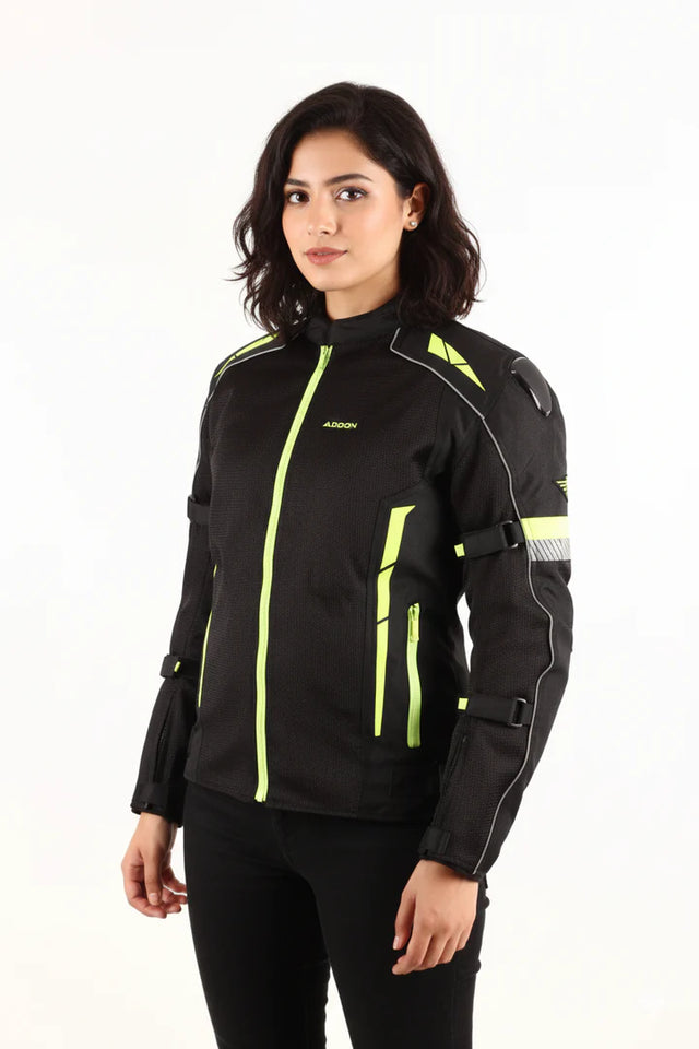Lone Ranger Women Addon Pro Black Neon Green Level 2 Armored Motorcycle Riding Jacket