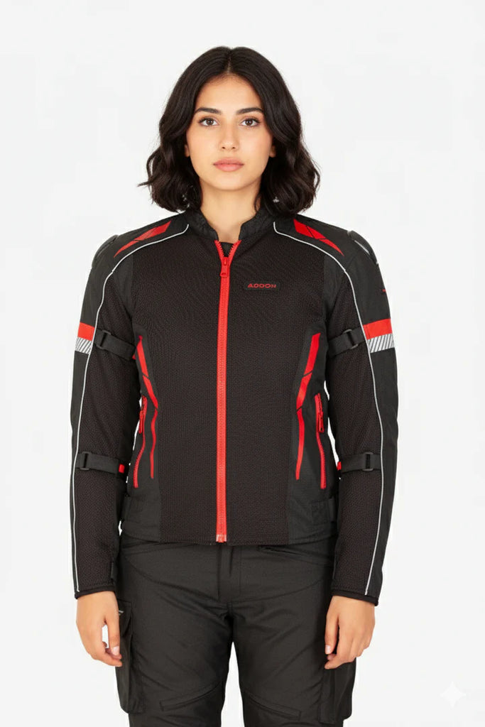 Lone Ranger Women Addon Pro Black Red Level 2 Armored Motorcycle Riding Jacket