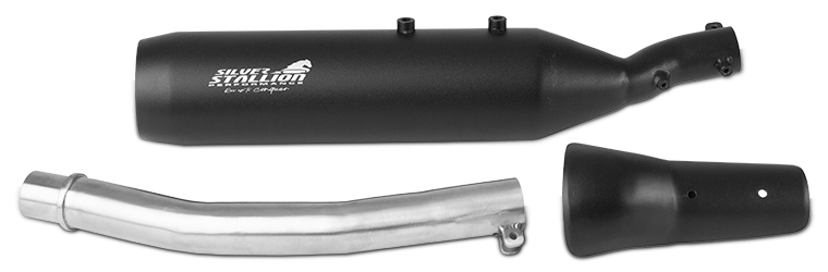 Silver Stallion Outlander exhaust for Royal Enfield Bear 650 available in silver matte black and brushed finish