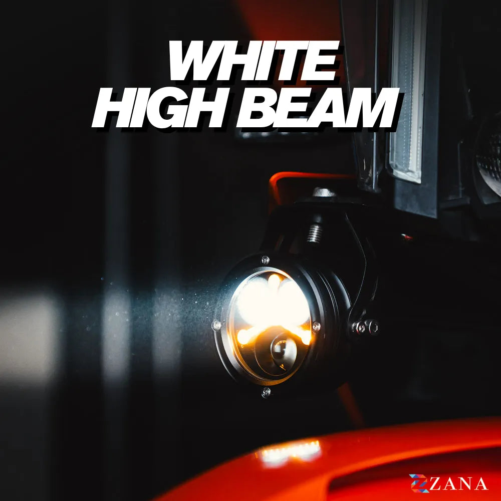 ZANA Universal DRL R-35 70W LED Motorcycle Fog Lights with Amber DRL, Yellow & White Beam Modes, Wiring Harness and Crash Guard Clamps | Legendary Custom