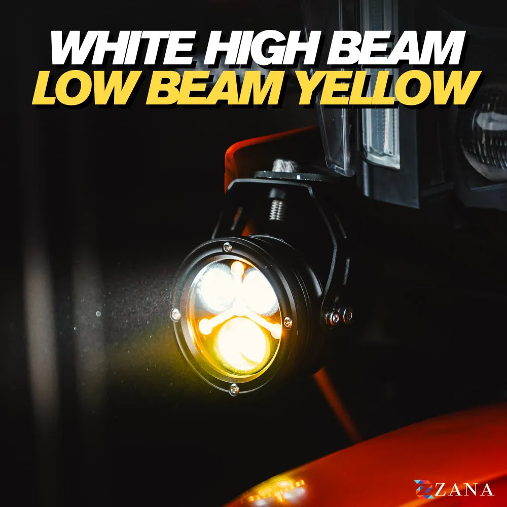 ZANA Universal DRL R-35 70W LED Motorcycle Fog Lights with Amber DRL, Yellow & White Beam Modes, Wiring Harness and Crash Guard Clamps | Legendary Custom