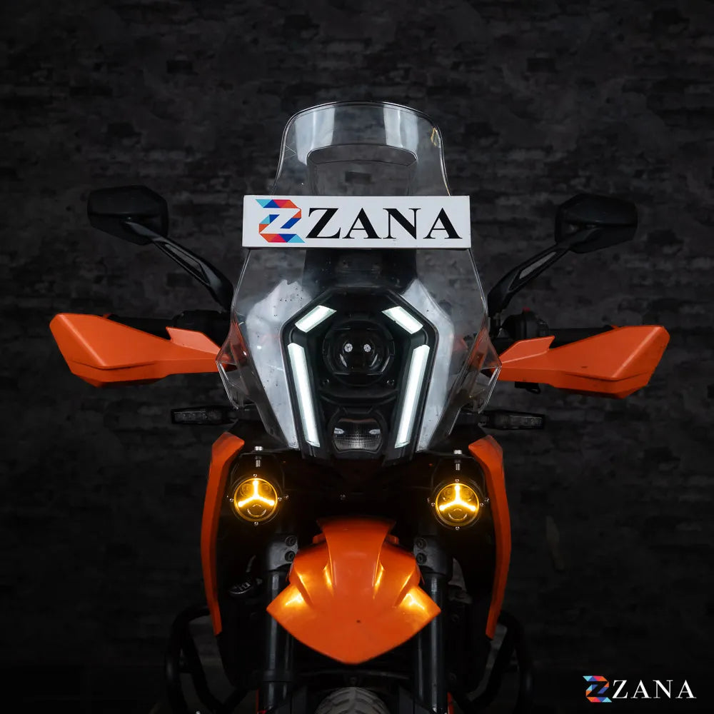 ZANA Universal DRL R-35 70W LED Motorcycle Fog Lights with Amber DRL, Yellow & White Beam Modes, Wiring Harness and Crash Guard Clamps | Legendary Custom