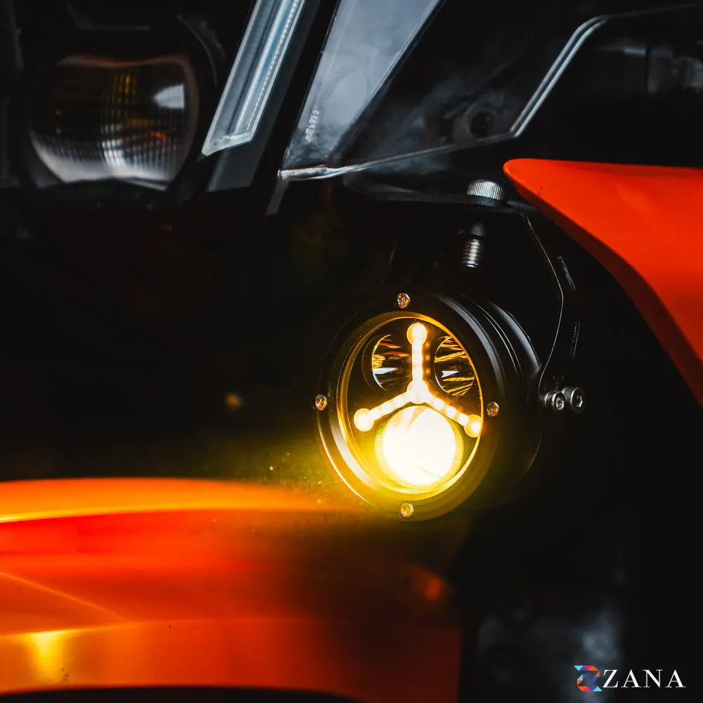 ZANA Universal DRL R-35 70W LED Motorcycle Fog Lights with Amber DRL, Yellow & White Beam Modes, Wiring Harness and Crash Guard Clamps | Legendary Custom