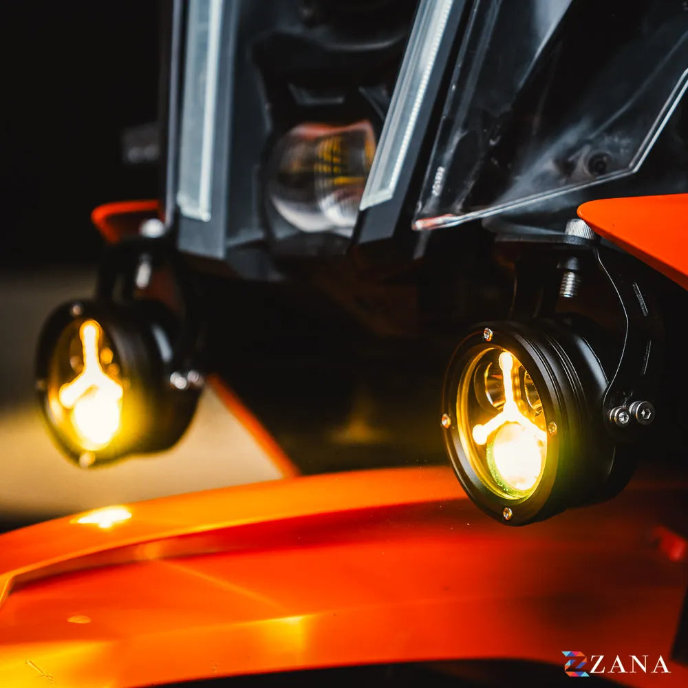 ZANA Universal DRL R-35 70W LED Motorcycle Fog Lights with Amber DRL, Yellow & White Beam Modes, Wiring Harness and Crash Guard Clamps | Legendary Custom