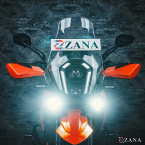 ZANA Universal DRL R-35 70W LED Motorcycle Fog Lights with Amber DRL, Yellow & White Beam Modes, Wiring Harness and Crash Guard Clamps | Legendary Custom