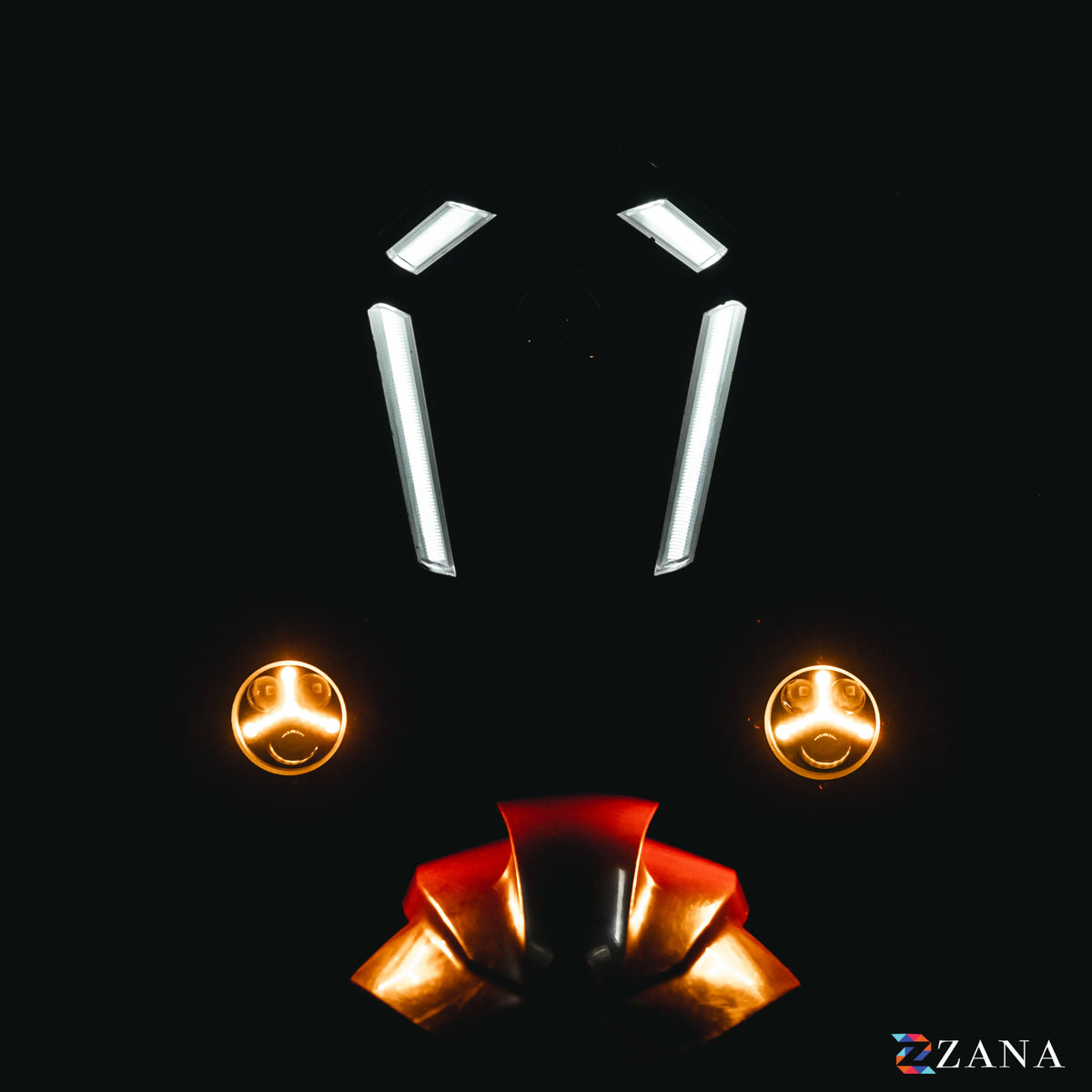 ZANA Universal DRL R-35 70W LED Motorcycle Fog Lights with Amber DRL, Yellow & White Beam Modes, Wiring Harness and Crash Guard Clamps | Legendary Custom