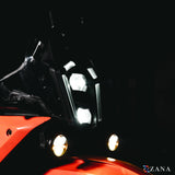 ZANA Universal DRL R-35 70W LED Motorcycle Fog Lights with Amber DRL, Yellow & White Beam Modes, Wiring Harness and Crash Guard Clamps | Legendary Custom