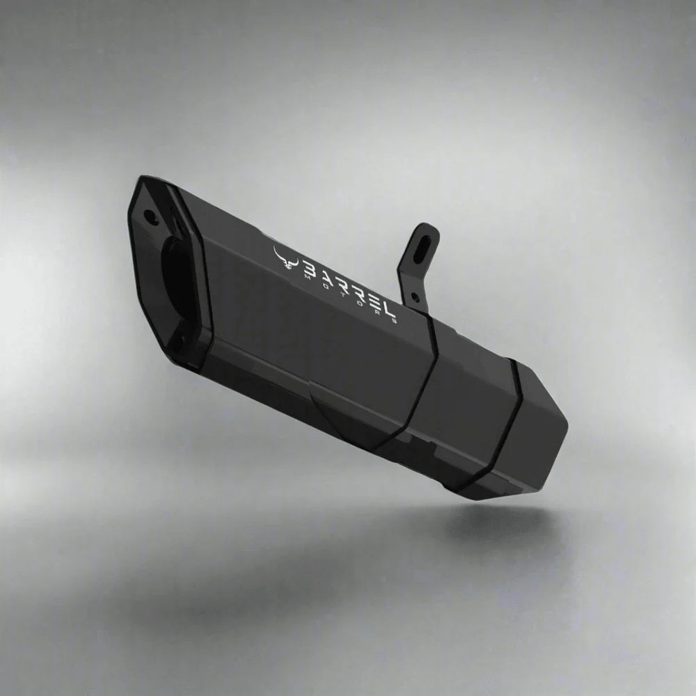Barrel Rogue 2.0 stainless steel slip-on motorcycle exhaust available in black and steel finishes