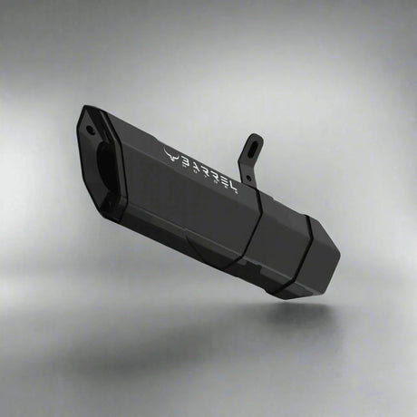 Barrel Rogue 2.0 stainless steel slip-on motorcycle exhaust available in black and steel finishes