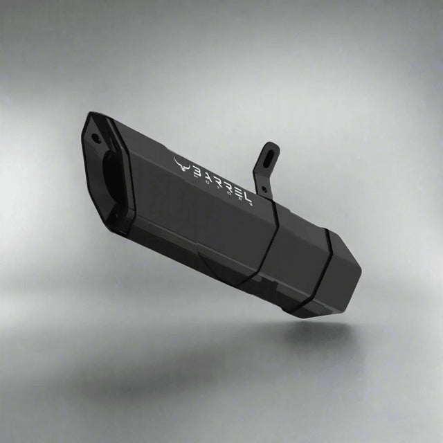 Barrel Rogue 2.0 stainless steel slip-on motorcycle exhaust available in black and steel finishes