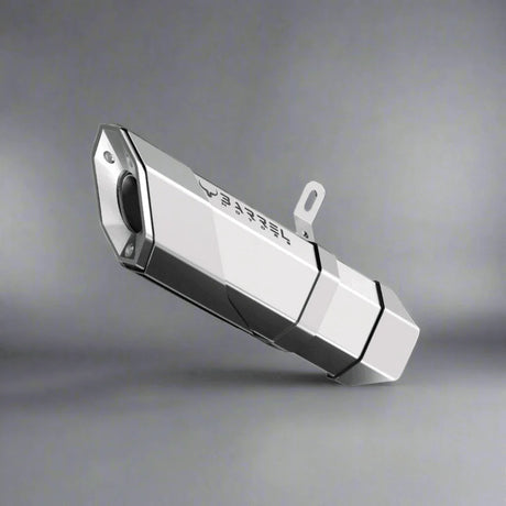 Barrel Rogue 2.0 stainless steel slip-on motorcycle exhaust available in black and steel finishes