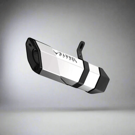 Barrel Rogue 2.0 stainless steel slip-on motorcycle exhaust available in black and steel finishes