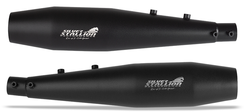 Silver Stallion performance exhaust installed on Royal Enfield Interceptor 650 available in silver black matte and brushed finish