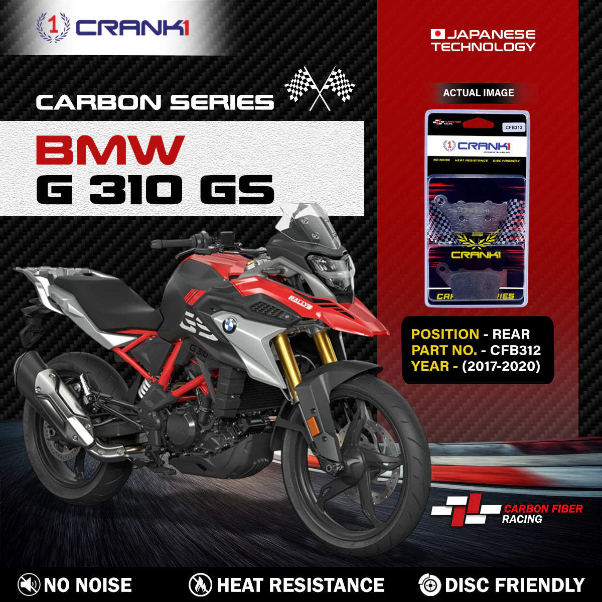 CRANK1 CFB312 Carbon Brake Pads for BMW G 310 GS 2017-2020 Rear
