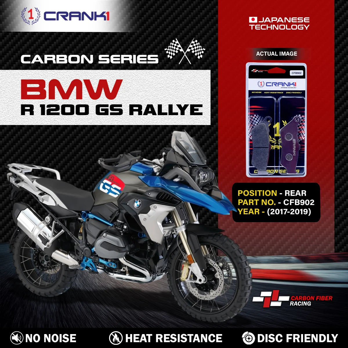 CRANK1 CFB902 carbon rear brake pads for BMW R 1200 GS Rallye 2017-2019