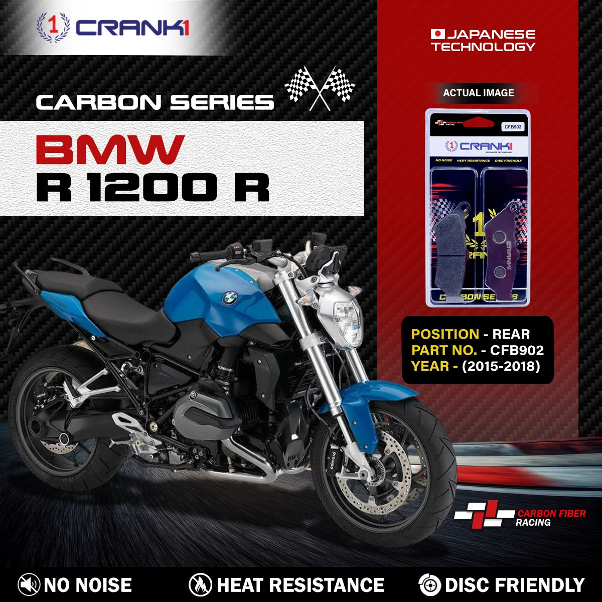 CRANK1 CFB902 carbon rear brake pads for BMW R 1200 R 2015-2018