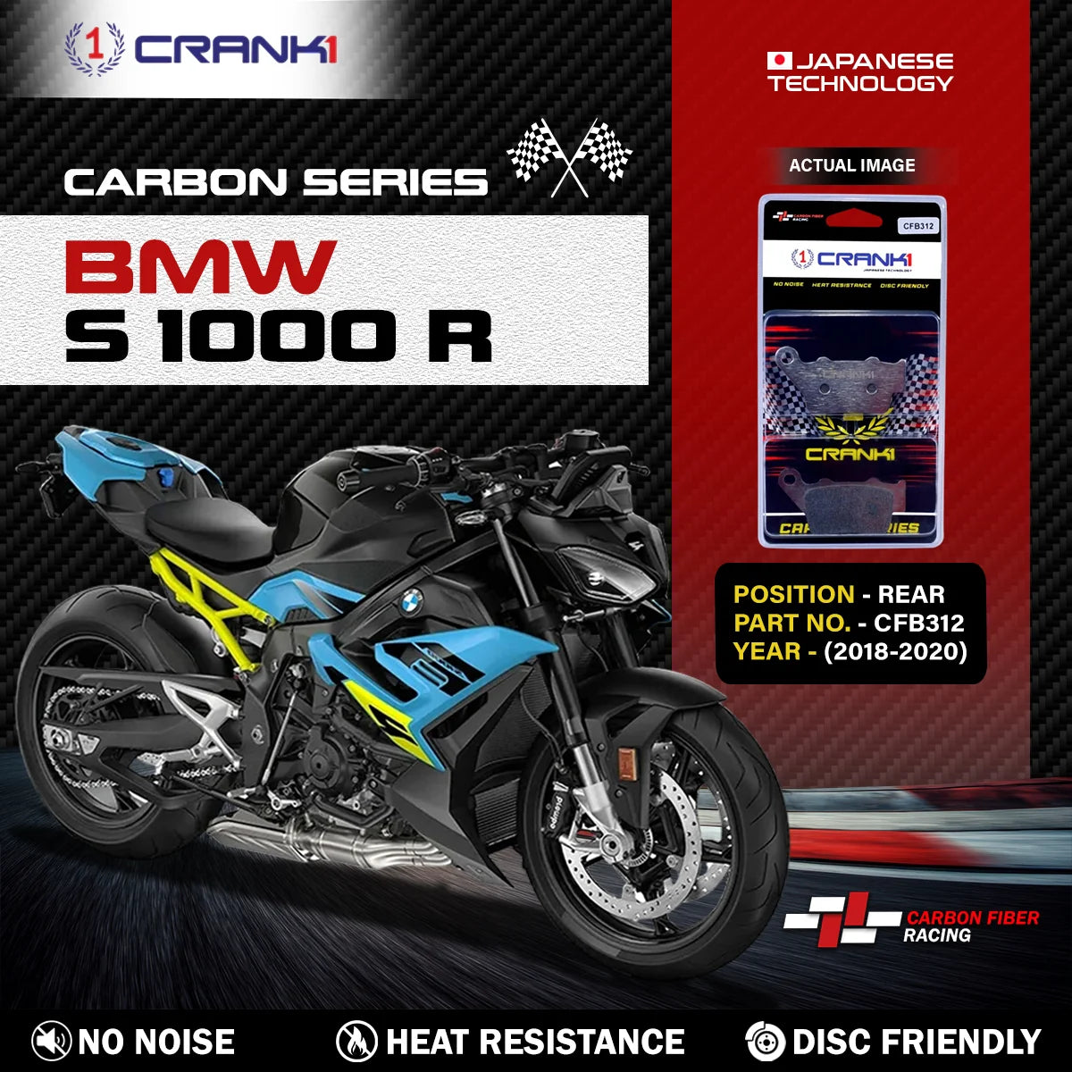 CRANK1 Carbon Brake Pads CFB312 for BMW S 1000 R 2018-2020 Rear