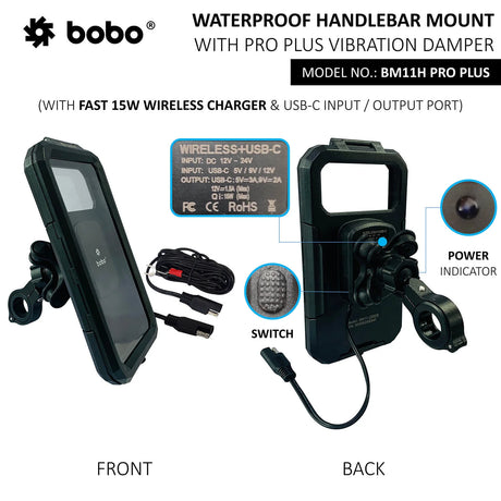 BOBO BM11H PRO PLUS Waterproof Motorcycle Phone Holder with 15W Wireless Charging and PRO PLUS Vibration Damper