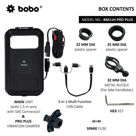 BOBO BM11H PRO PLUS Waterproof Motorcycle Phone Holder with 15W Wireless Charging and PRO PLUS Vibration Damper