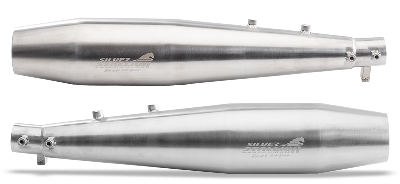 Silver Stallion performance exhaust installed on Royal Enfield Interceptor 650 available in silver black matte and brushed finish