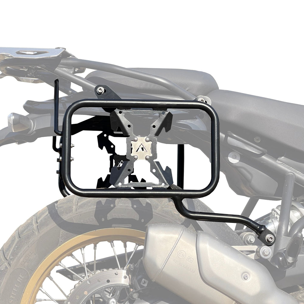 Auto Engina Pannier and Saddle Stay installed on Royal Enfield Himalayan 450 for hard panniers and soft luggage support