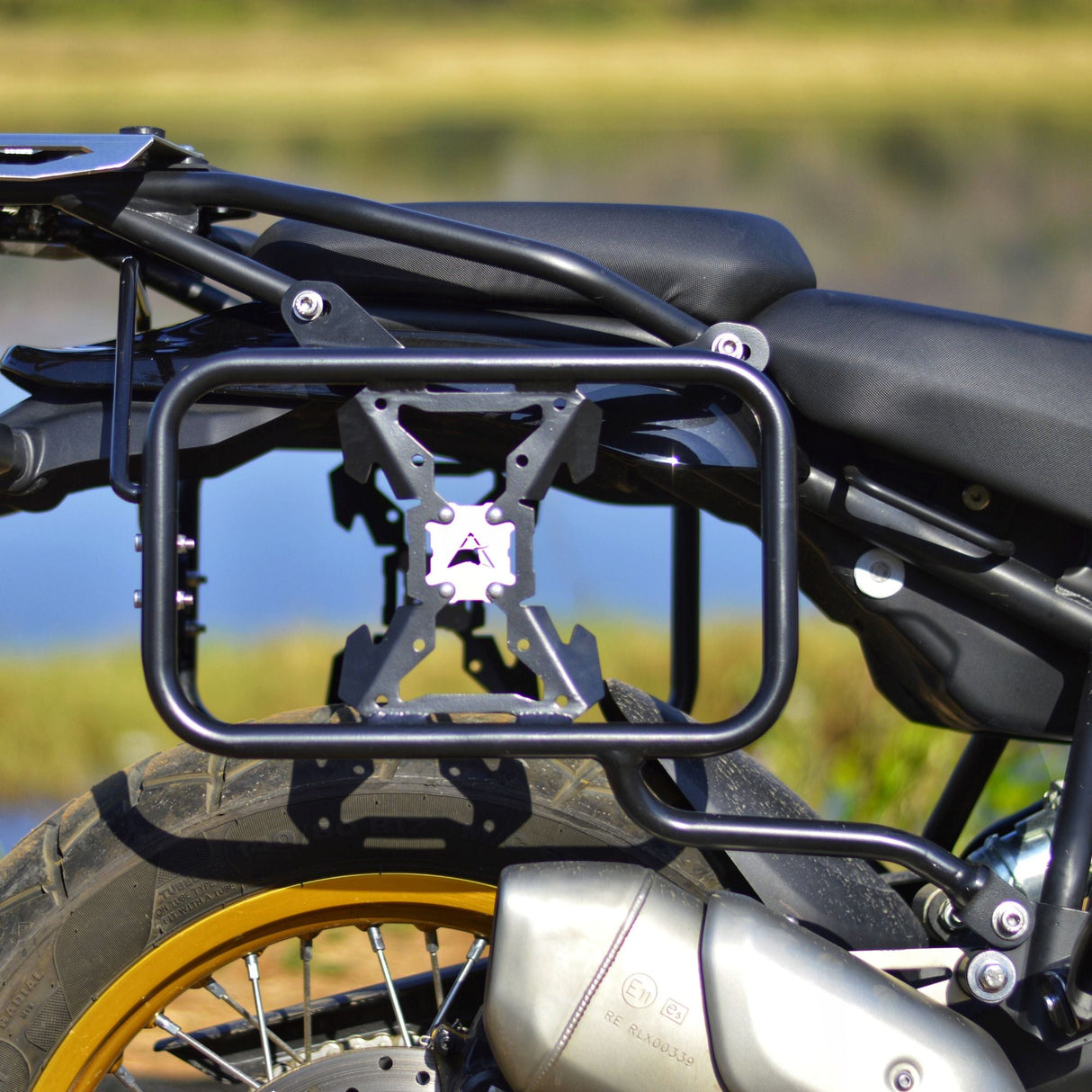 Auto Engina Pannier and Saddle Stay installed on Royal Enfield Himalayan 450 for hard panniers and soft luggage support