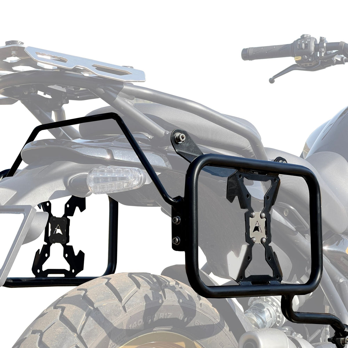 Auto Engina Pannier and Saddle Stay installed on Royal Enfield Himalayan 450 for hard panniers and soft luggage support