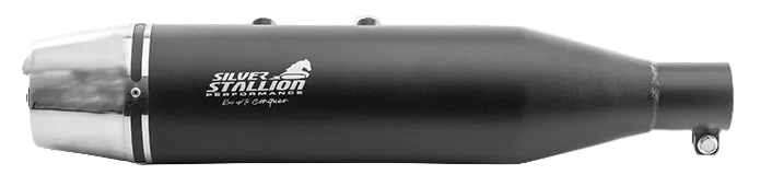 Silver Stallion Shorty Performance Exhaust for Royal Enfield Hunter 350 dual tone black matte silver brushed