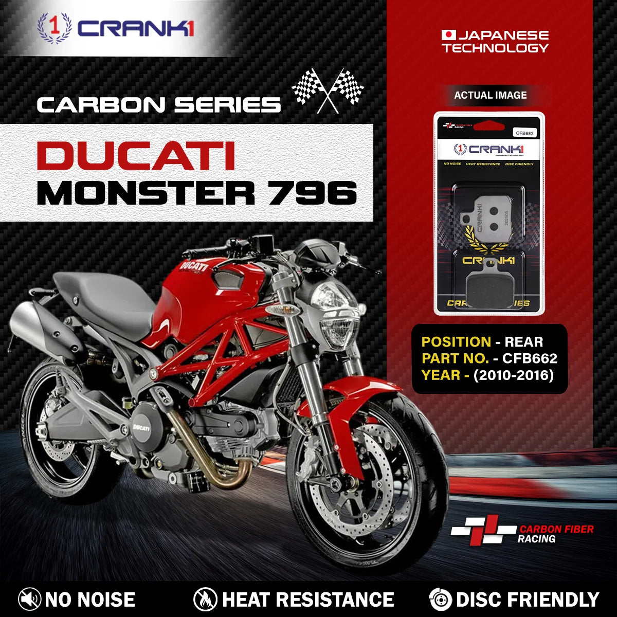 CRANK1 CFB662 carbon rear brake pads for Ducati Monster 796 2010-2016