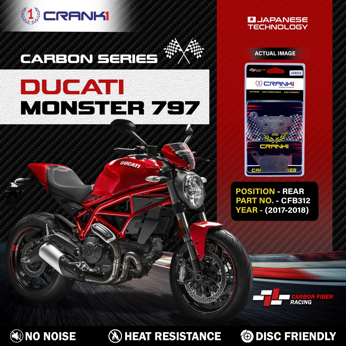 CRANK1 Carbon Brake Pads For Ducati Monster 797 2017-2018 Rear CFB312