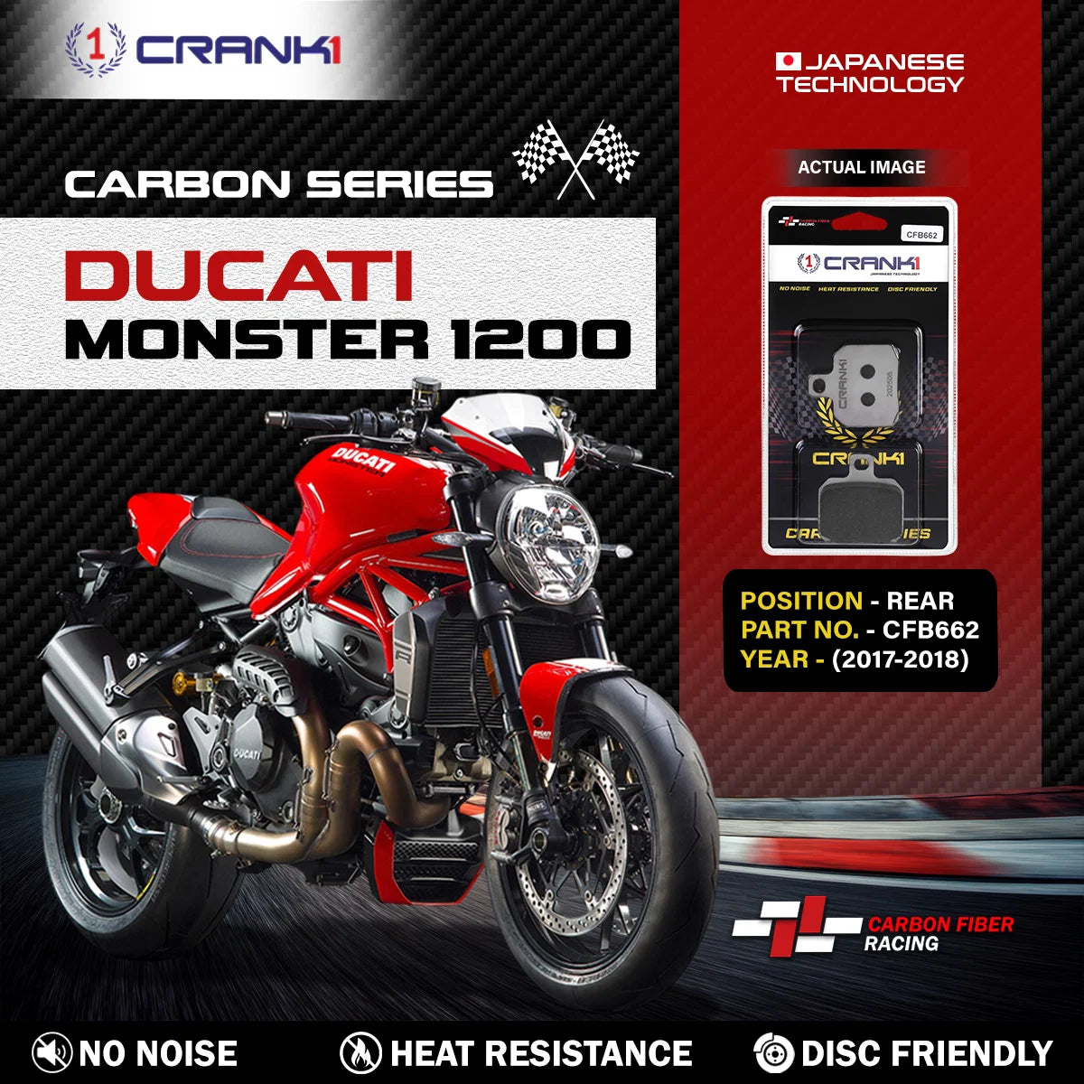 CRANK1 CFB662 carbon rear brake pads for Ducati Monster 1200 2017-2018
