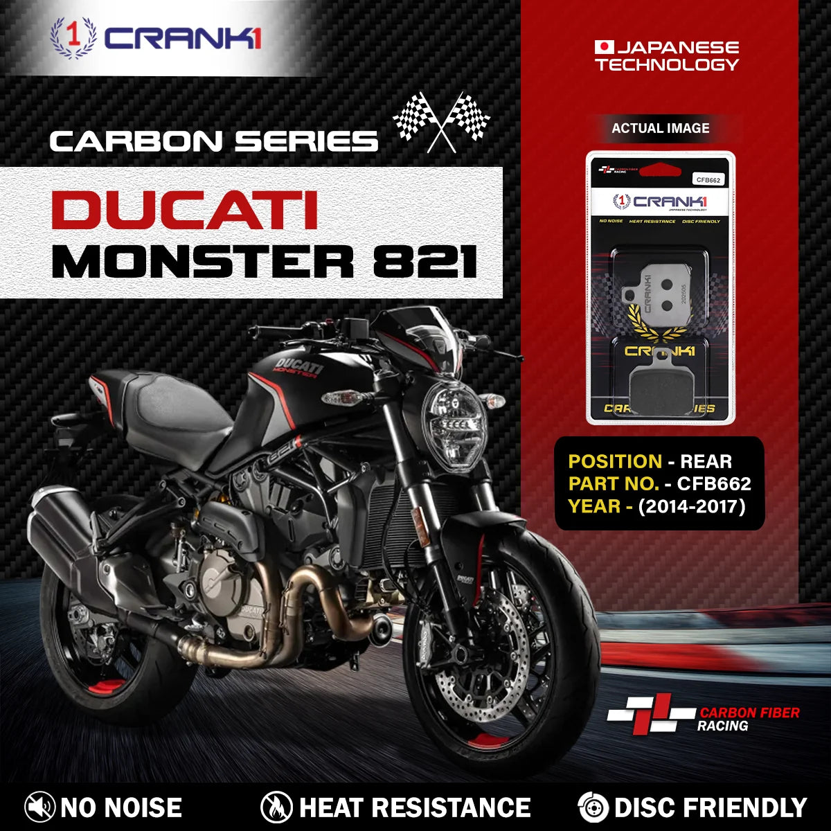 CRANK1 CFB662 carbon rear brake pads for Ducati Monster 821 2014-2017