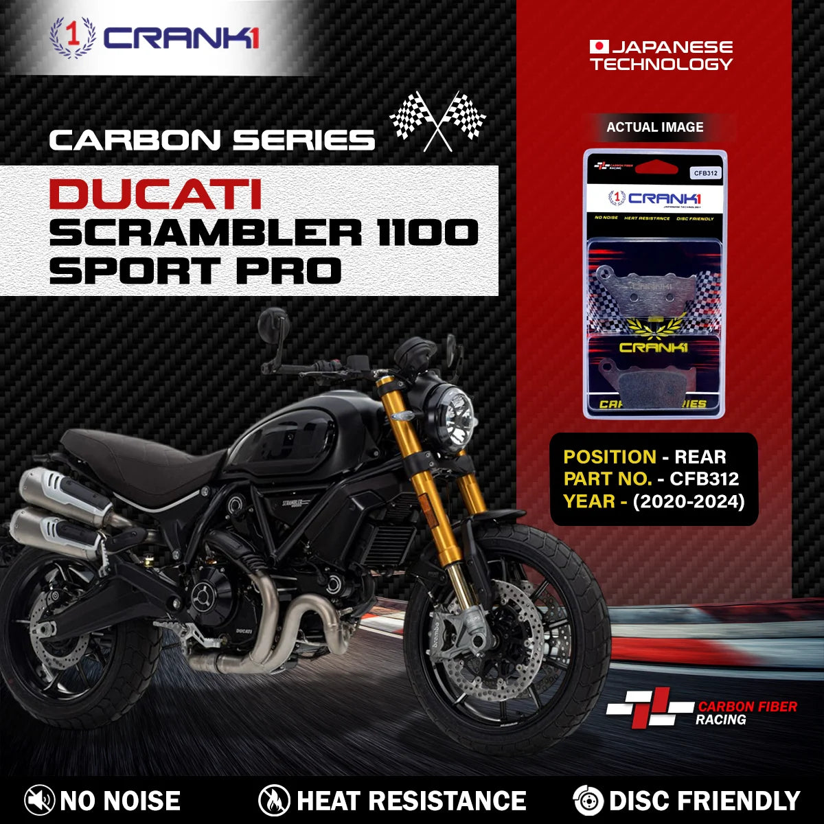 CRANK1 CFB312 Carbon Brake Pads For Ducati Scrambler 1100 Sport Pro Rear