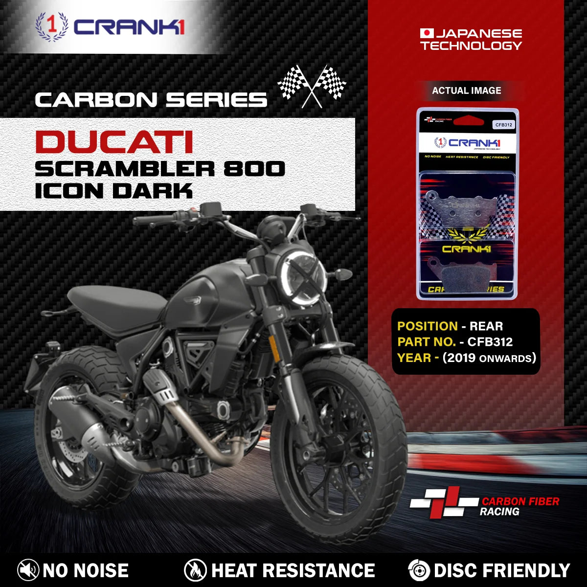 CRANK1 Carbon Brake Pads CFB312 for Ducati Scrambler 800 Icon Dark Rear Brake