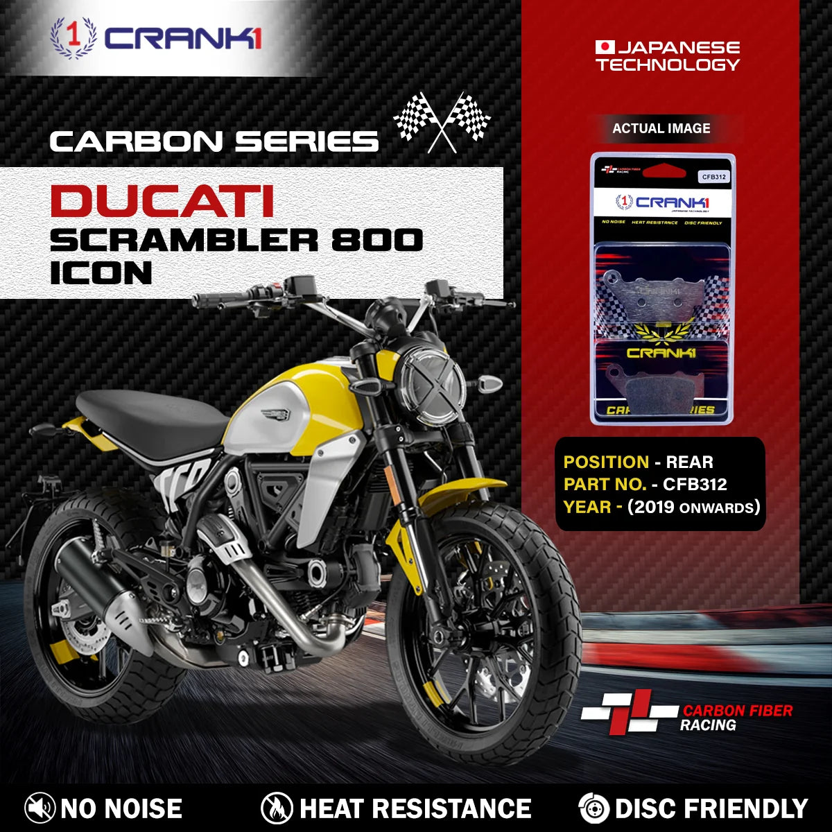 CRANK1 CFB312 Carbon Rear Brake Pads for Ducati Scrambler 800 Icon