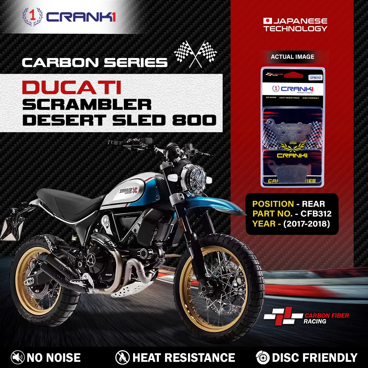 CRANK1 CFB312 Carbon Rear Brake Pads for Ducati Scrambler Desert Sled 800