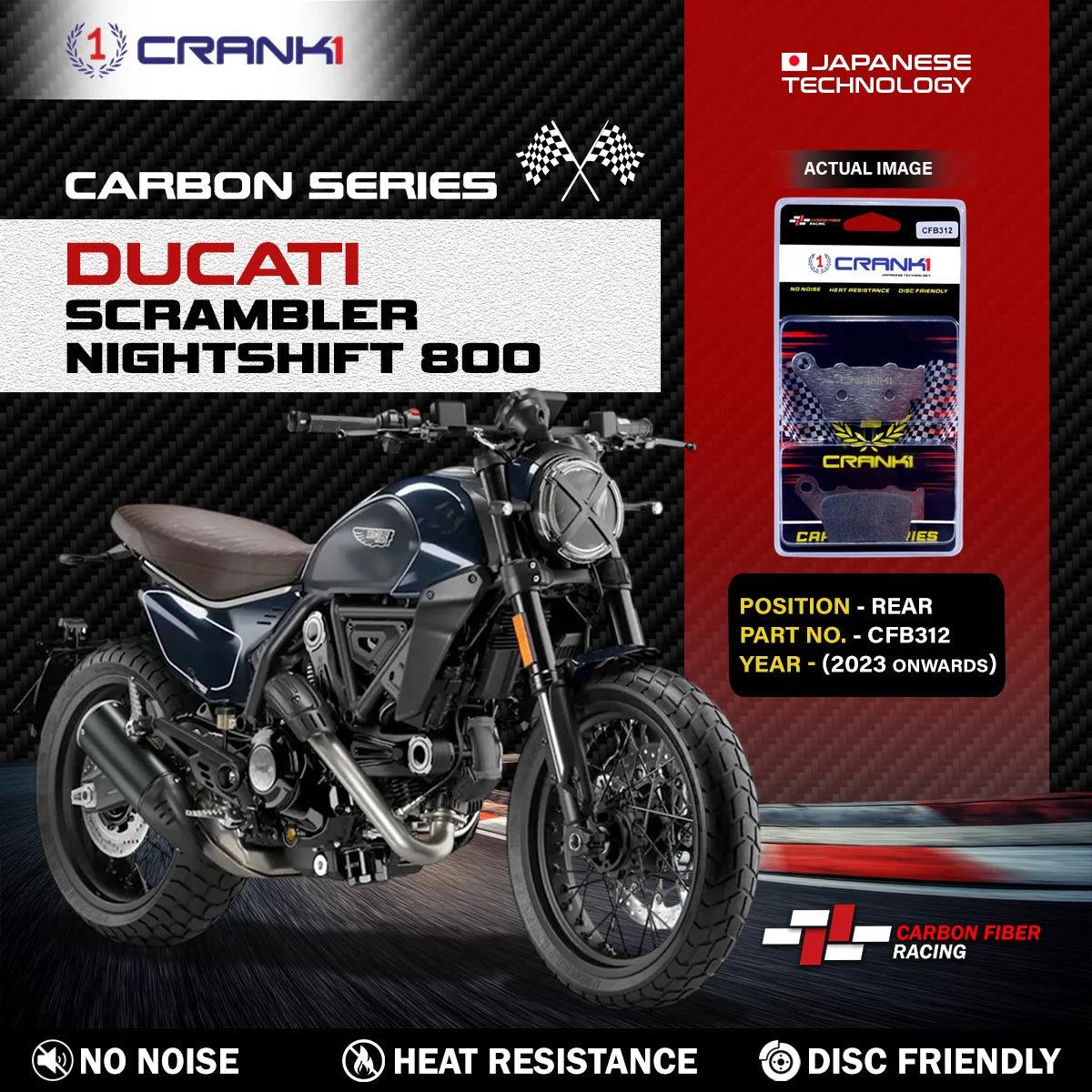 CRANK1 CFB312 Carbon Rear Brake Pads for Ducati Scrambler Nightshift 800