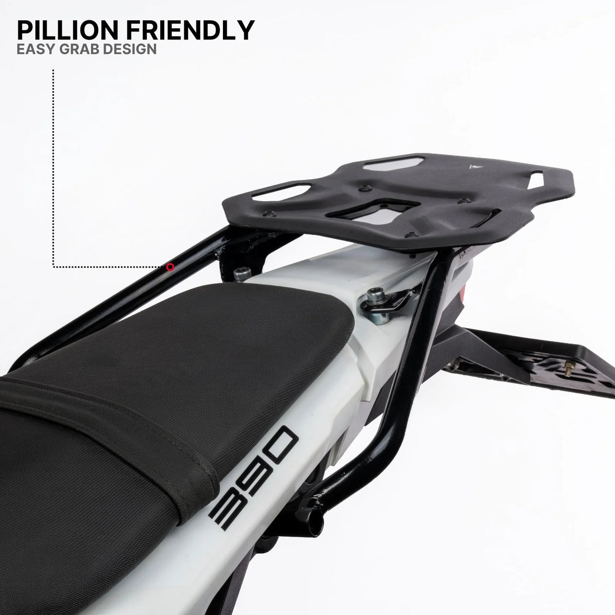 Auto Engina Saddle Stay and Grab Bar for 2026 KTM 390 Enduro R in Gloss Black with soft luggage and saddle bag support