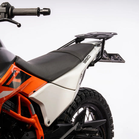 Auto Engina Saddle Stay and Grab Bar for 2026 KTM 390 Enduro R in Gloss Black with soft luggage and saddle bag support