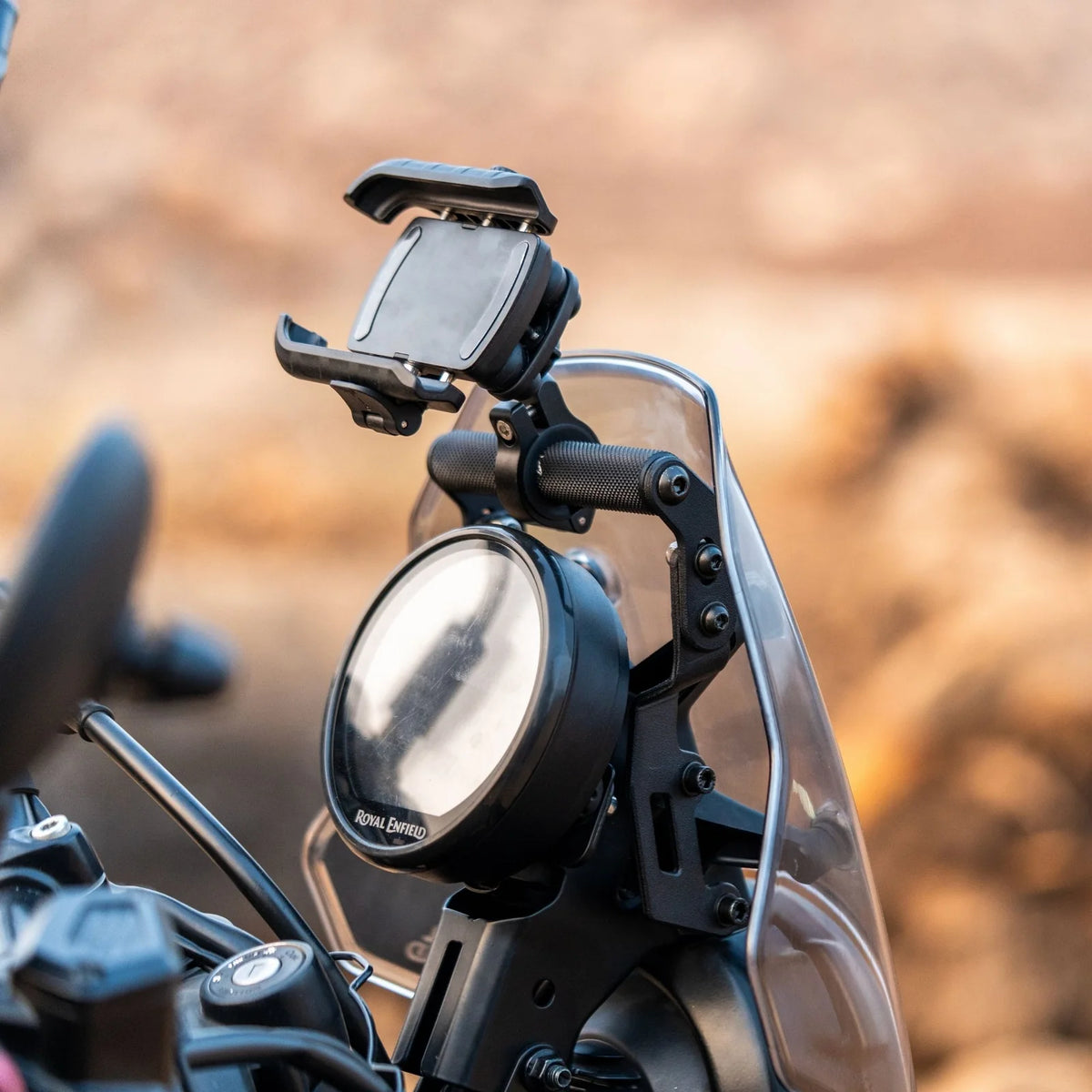 Auto Engina Adjustable GPS Mount installed on Royal Enfield Himalayan 450 motorcycle cockpit