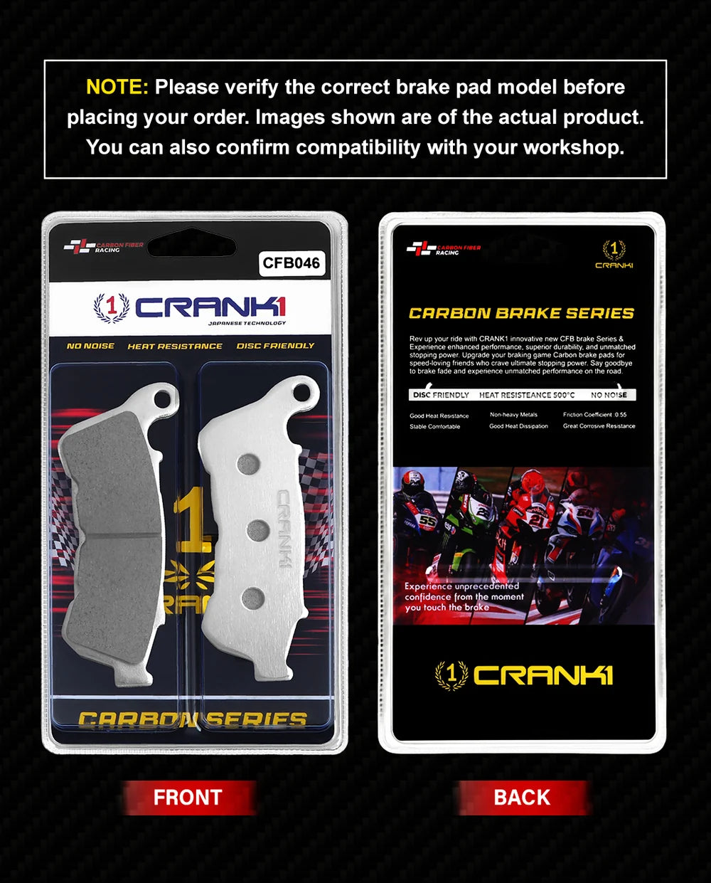 CRANK1 CFB046 carbon front brake pads for Harley Sportster XL Custom 1200 2017