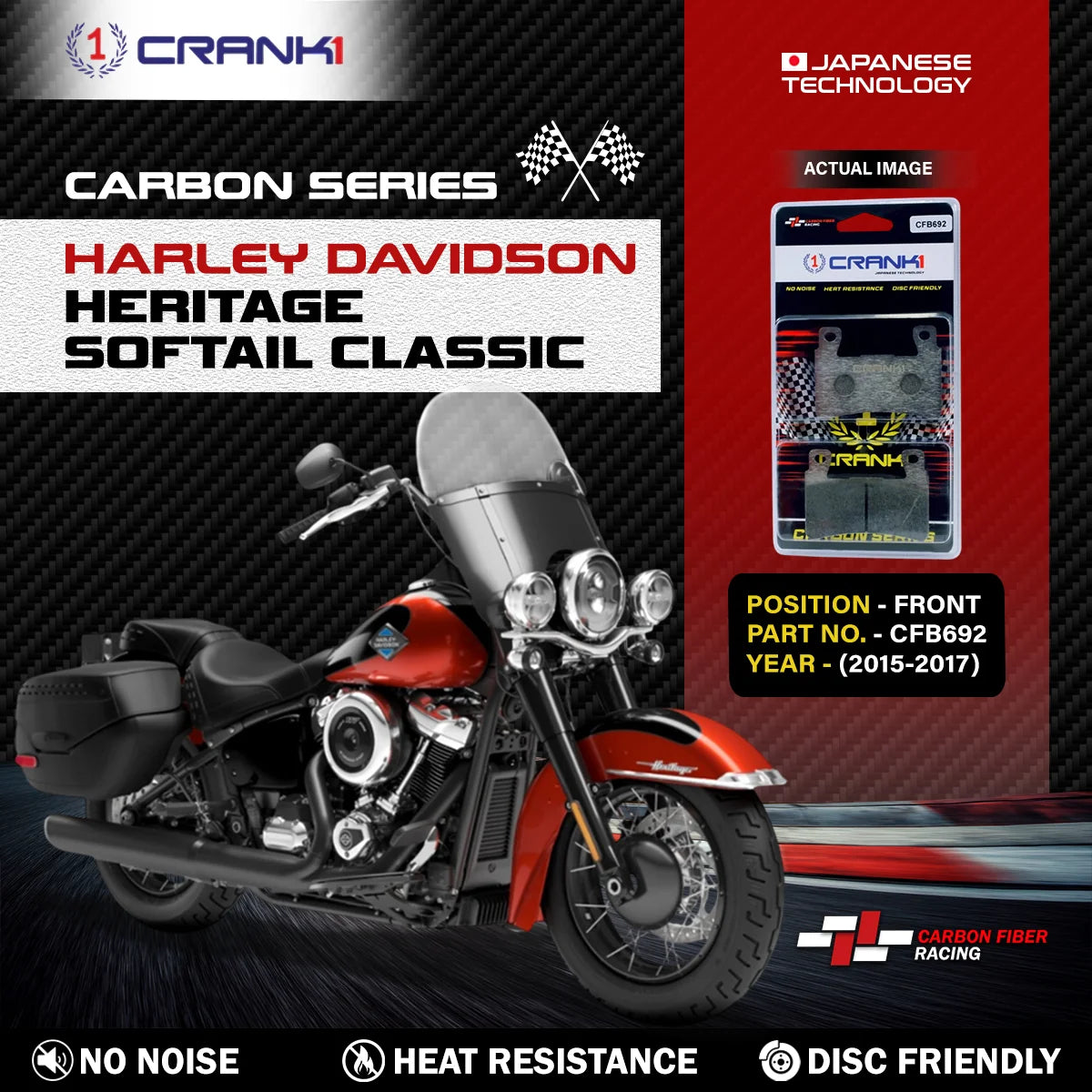 CRANK1 CFB692 carbon front brake pads for Harley Davidson Heritage Softail Classic 2015-2017