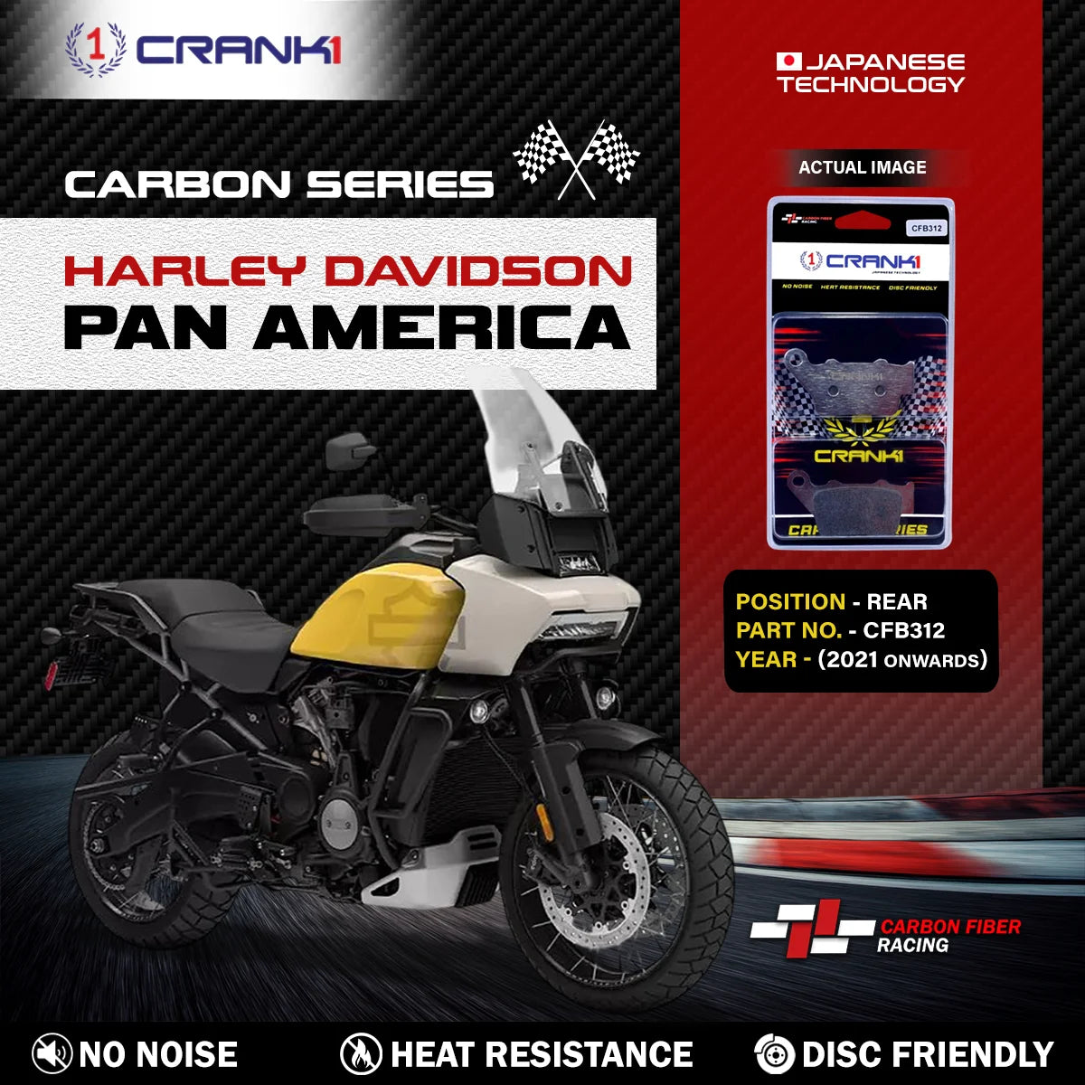 CRANK1 CFB312 Carbon Rear Brake Pads for Harley Davidson Pan America