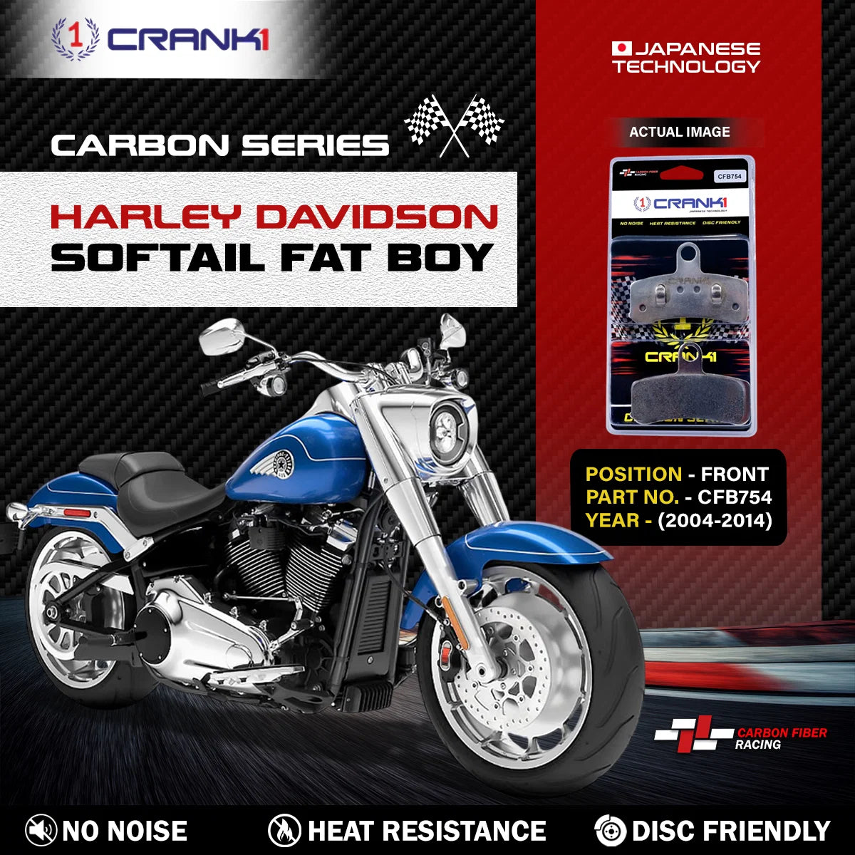 CRANK1 CFB754 carbon front brake pads for Harley-Davidson Softail Fat Boy 2004-2014