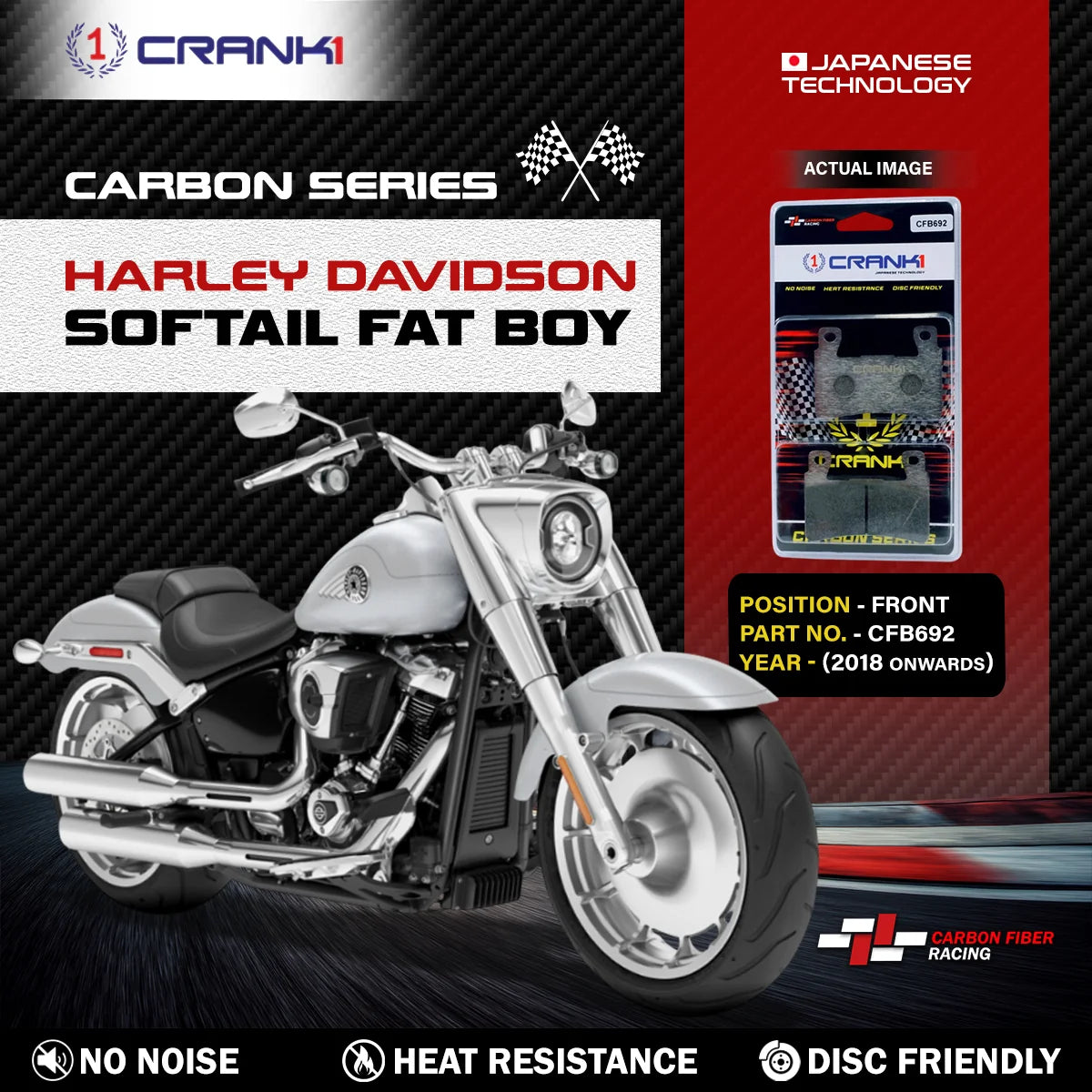 CRANK1 CFB692 carbon front brake pads for Harley Davidson Softail Fat Boy 2018 onwards