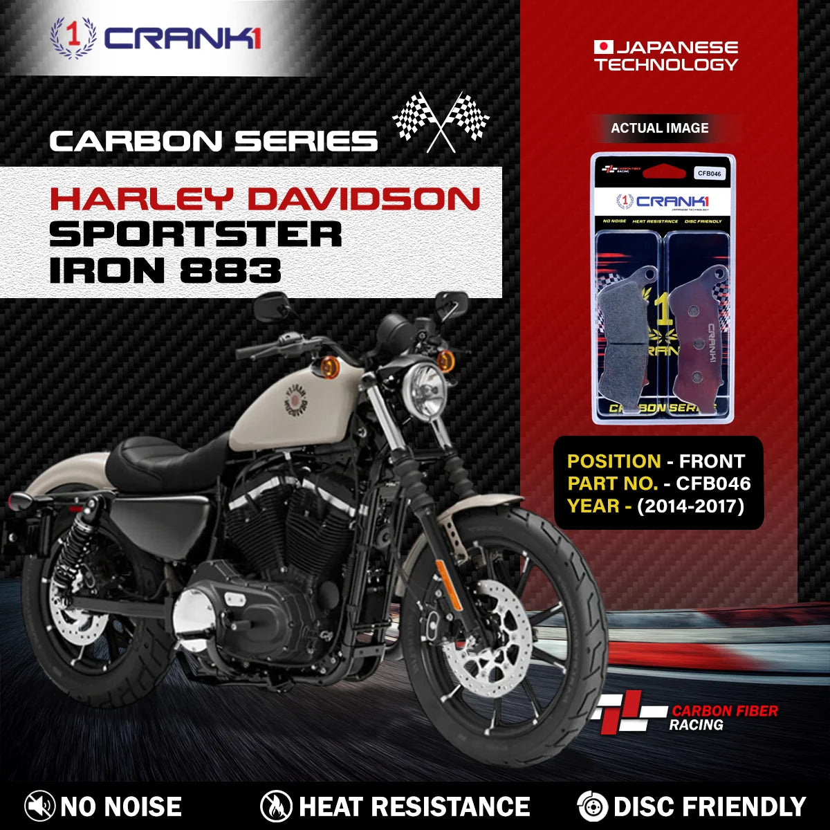 CRANK1 CFB046 carbon front brake pads for Harley Sportster Iron 883 2014-2017