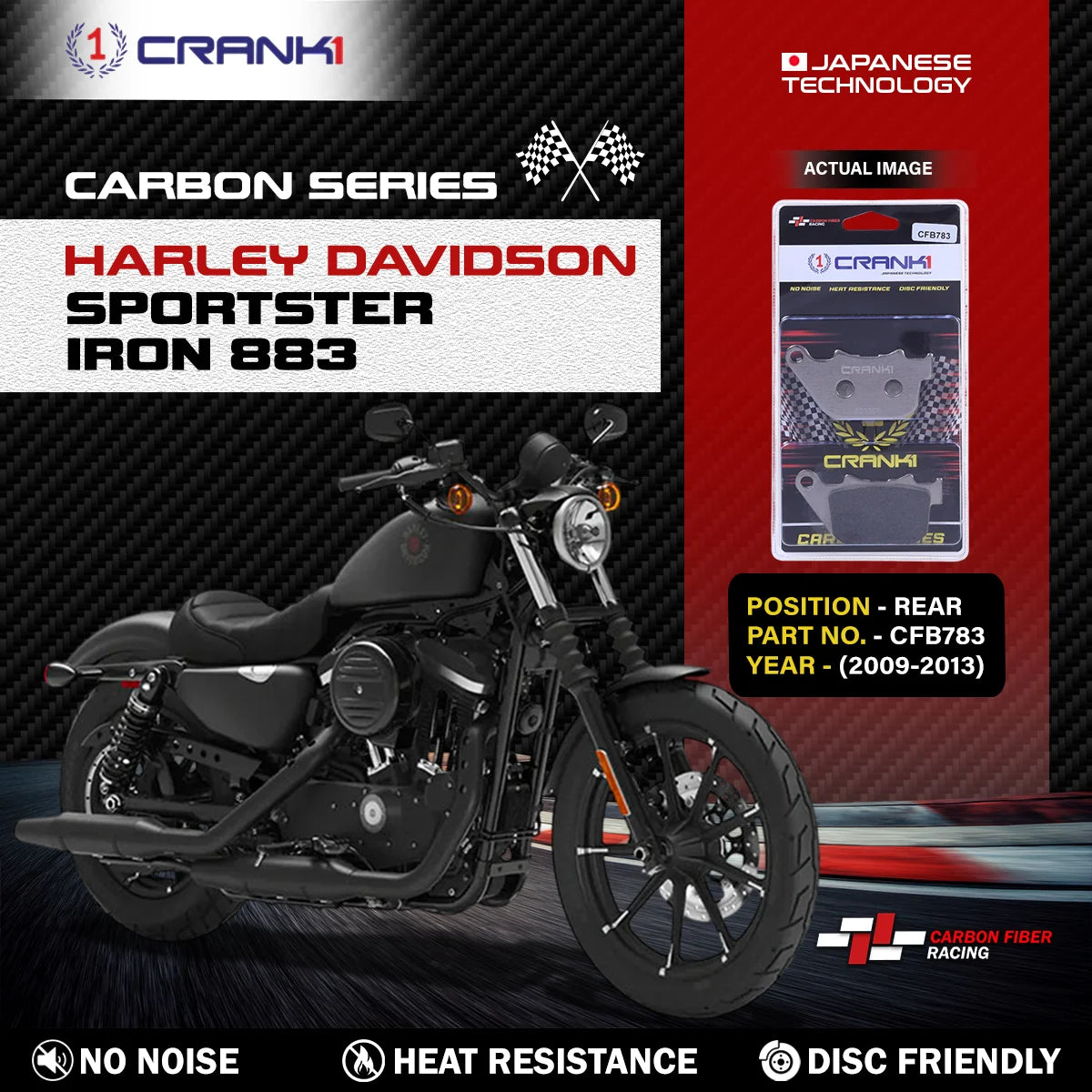 CRANK1 CFB783 carbon rear brake pads for Harley Davidson Sportster Iron 883 2009-2013