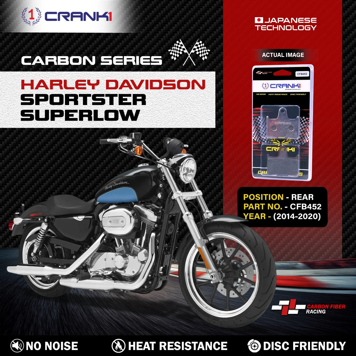 CRANK1 CFB452 carbon rear brake pads for Harley-Davidson Sportster SuperLow 2014-2020