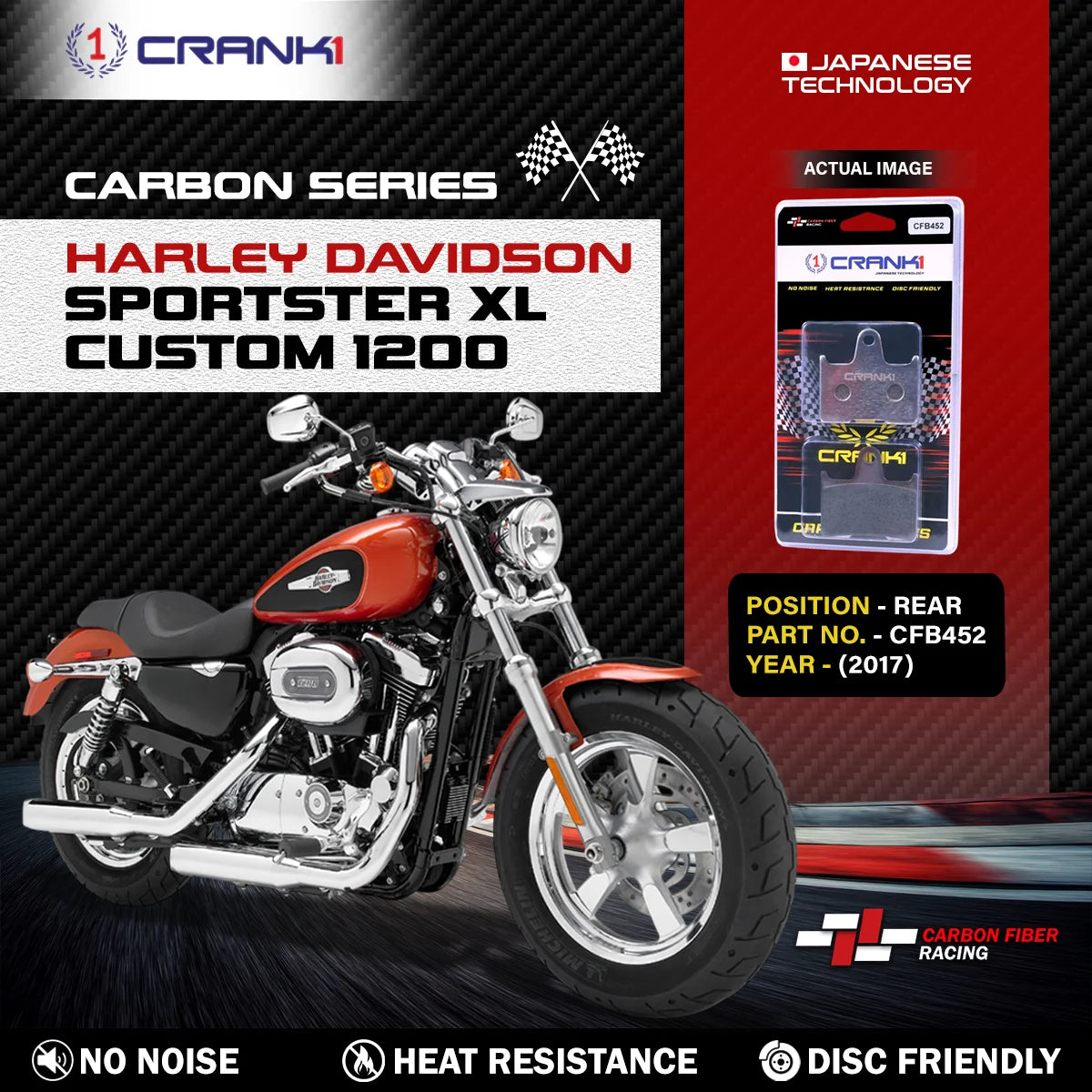CRANK1 CFB452 Carbon Rear Brake Pads for Harley-Davidson Sportster XL Custom 1200 2017 - 1 Set